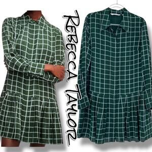 Rebecca Taylor Windowpane Silk Pleated Shirt Dress Jasper Green Check Womens L